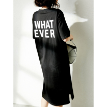 UJIA letter casual short sleeve dress womens long 2021 summer New loose foreign style knee T-shirt skirt