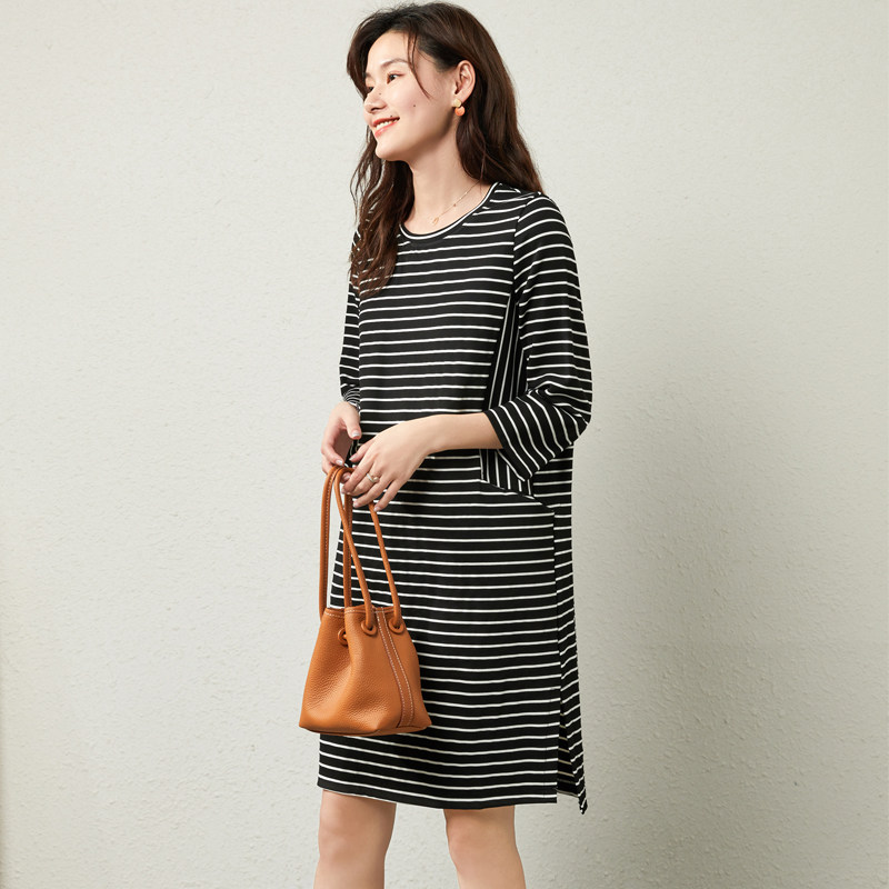 U Home Knit Striped Dress Woman Medium Long Version 2022 Spring New Korean Version Fashion Straight Drum Loose Skirt