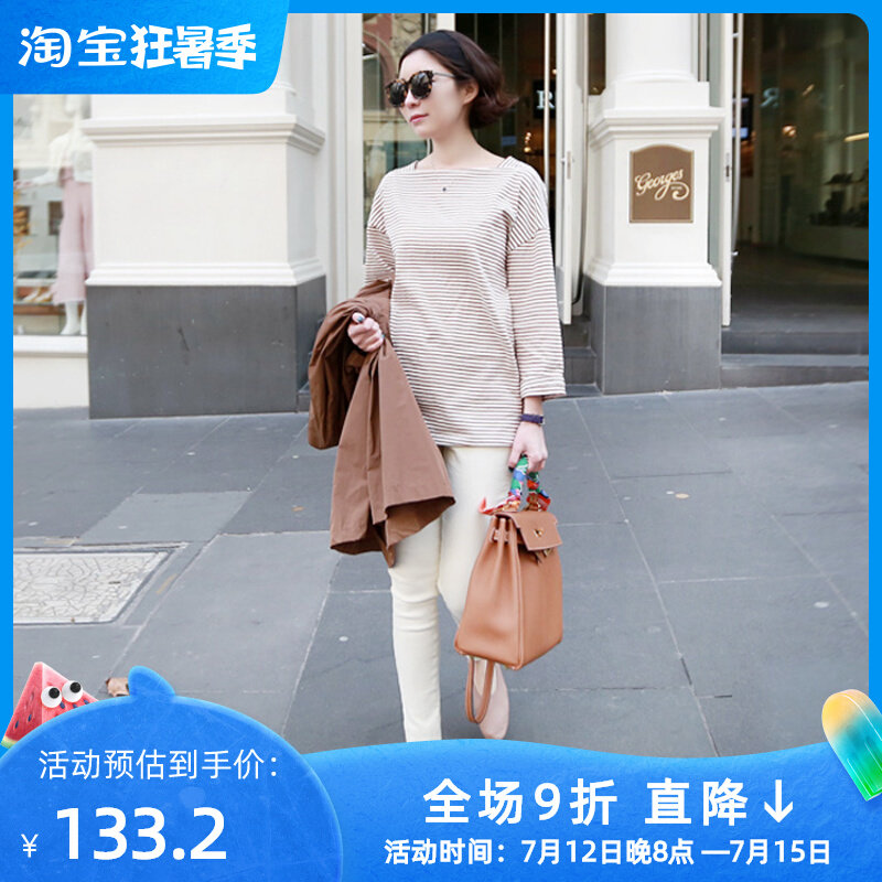 U family pinstriped knitted bottoming T-shirt women 2023 spring and autumn new ladies loose large size short pullover