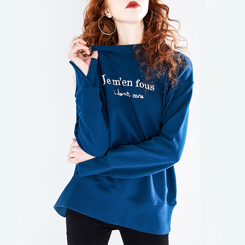U home Western-style blue sweatshirt women 2022 autumn new Korean version loose plus fleece pull-over round neck fashion coat