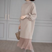 UJIA knitted lantern sleeve dress female 2021 Autumn New Korean semi high collar long straight skirt