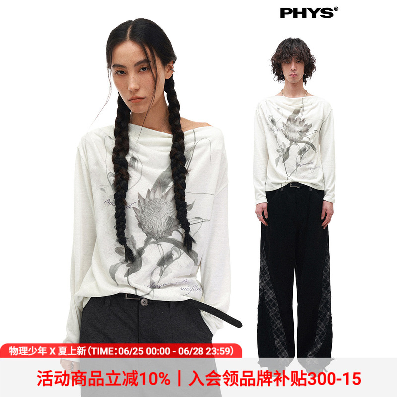 Physics Boy × Moon Sakura Ikebana Collaboration'Spring Flower Affairs' Off-Shoulder Floral Print Long Sleeve T-Shirt