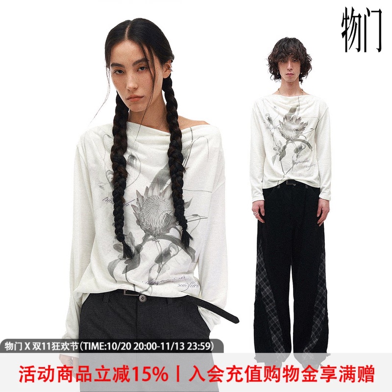 Wumeng (Physics Boy) × Moon Song Huadao Collaboration'Spring Flower Affairs' Off-Shoulder Floral Long-Sleeve T-Shirt
