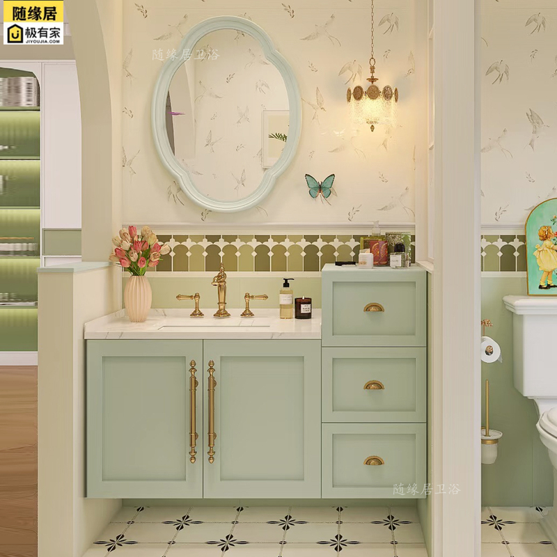 French-Style Retro Dopamine Blue Oak Bathroom Cabinet Vanity Sink Bathroom Slate Washbasin Cabinet Set