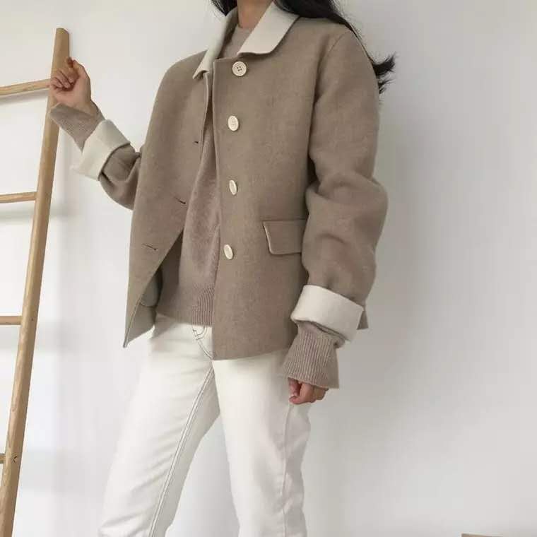 18 năm mới Hàn Quốc Dongdaemun hai mặt khâu tay áo len cashmere áo khoác len ngắn hai màu phù hợp với nữ áo khoác nữ