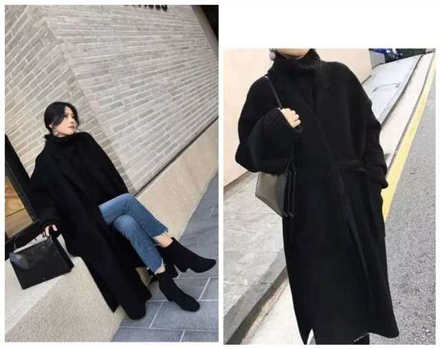 Xu Dake's double-sided zero cashmere coat women look thin and loose long Hepburn style woolen black high cold thick coat