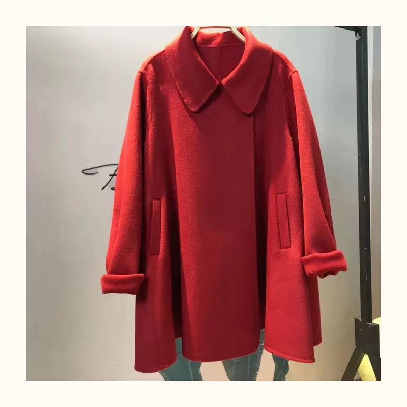 Áo khoác len nữ màu đỏ mùa thu đông 2019 người đàn ông nhỏ mới áo choàng rộng kiểu áo len nữ dày ngắn - Áo khoác ngắn