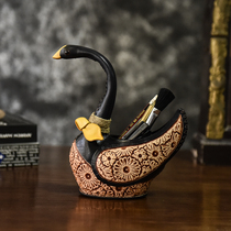 Original Vegetarian Hand-carved Plant Tannic Cow Leather Pen Holder Desk Surface Swing Piece Containing Box Pure Creative Cow Leather Home Decoration