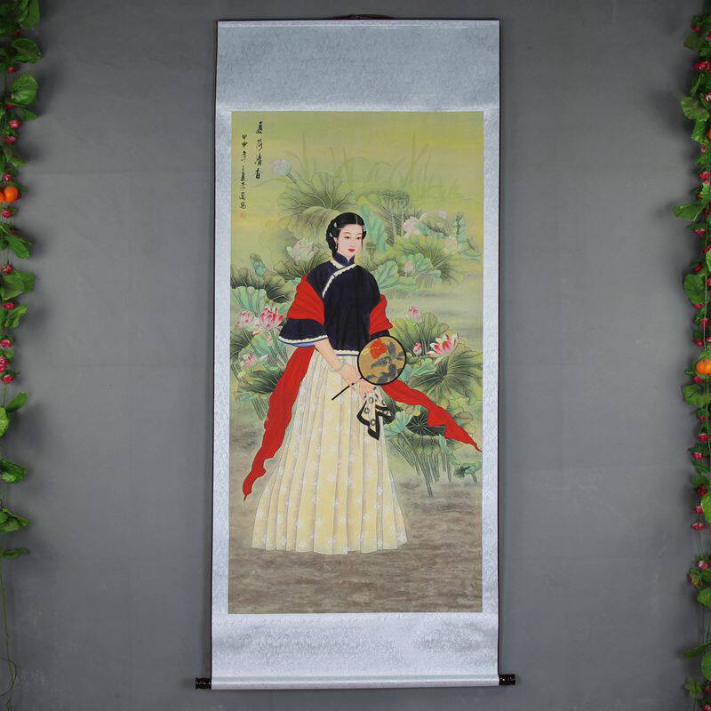 National painting landscape Xuan paper scroll painting hung painting hall painting living room office book room decoration lotus leaf clear and fragrant girl picture