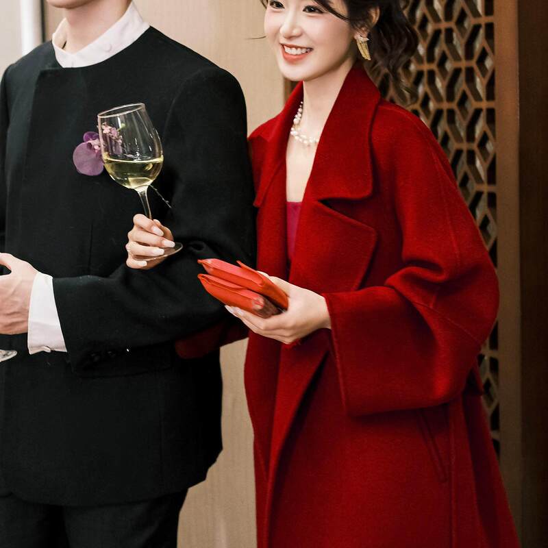 Burgundy Double-Sided Wool Coat for Women, Mid-Length, Suitable for New Year's Eve, Bride's Wedding, Toast Attire, Homecoming Woolen Coat
