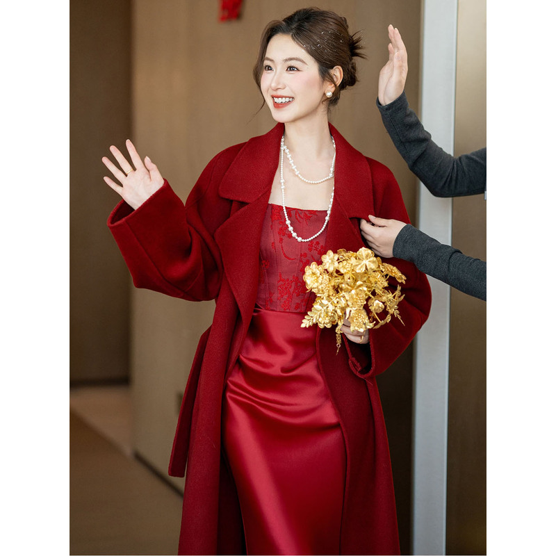 Burgundy Double-Sided Wool Coat for Women, Mid-Length Wedding Bride's Toast Dress, Waist-Cinching High-End Woolen Coat for Women