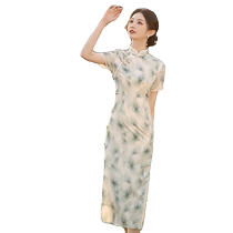 Medium-long qipao 2024 Summer new improved young girl Chinese style bamboo printed one-piece dress sending Chinese college entrance examination