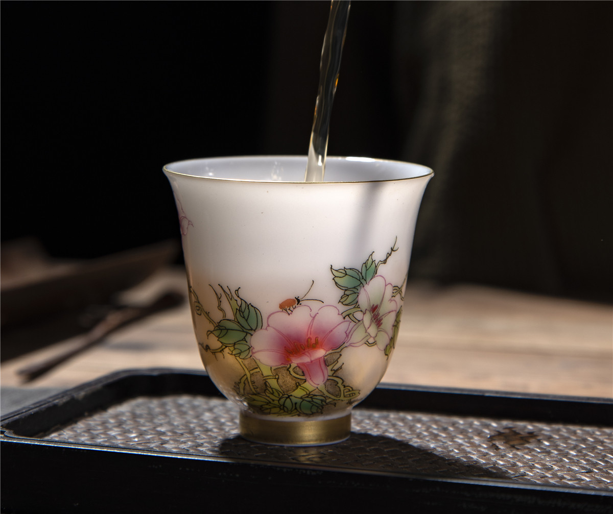 Air Sanzi Hand-painted Pink Flower God Cup Enamel Colorful Flowers Bird Bell Smell Tea Cup ceramic Gongfu Tea Thin Tire Porcelain