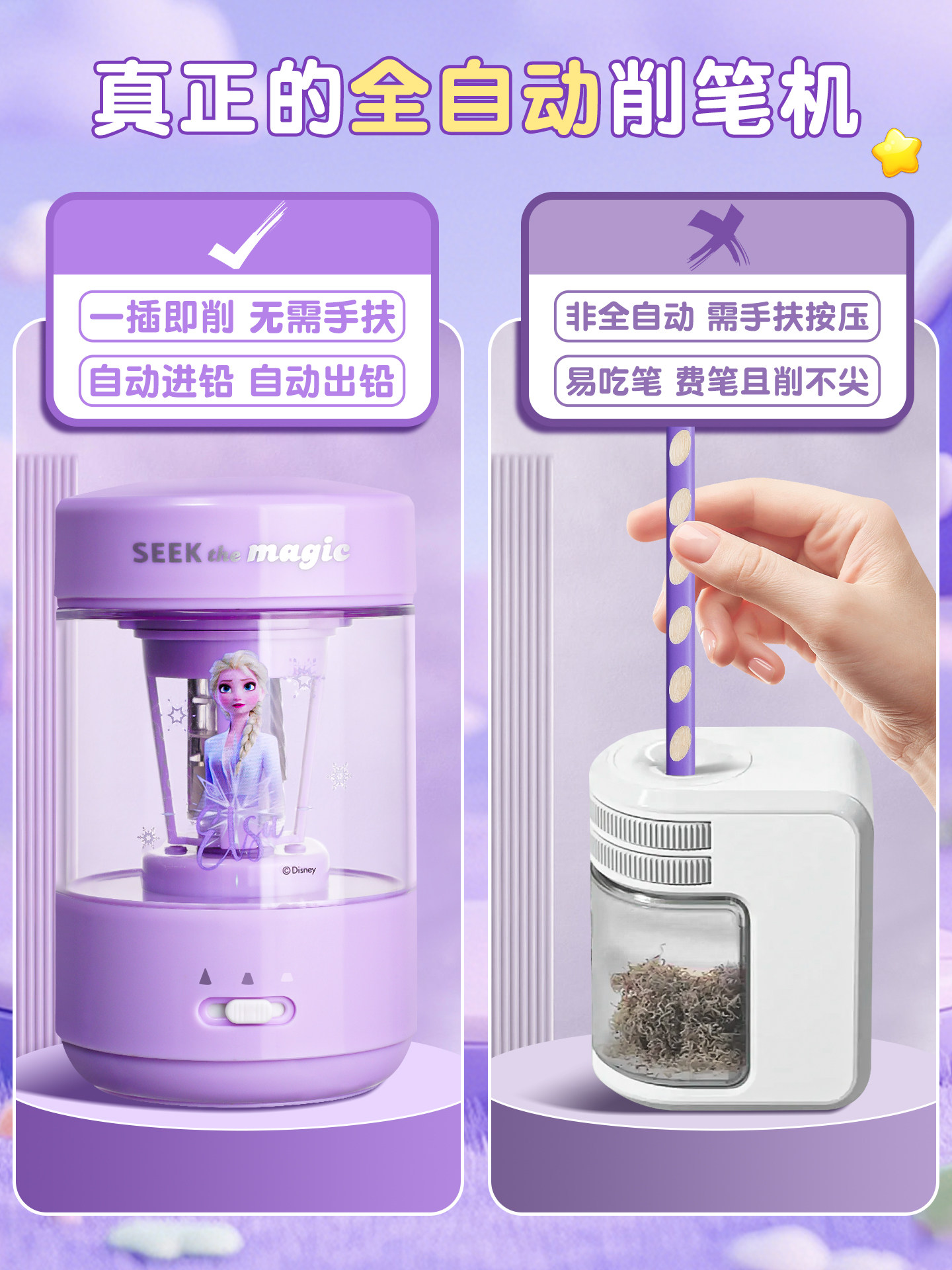 Disney Fully Automatic Pencil Sharpener Electric Pencil Sharpener for Elementary School Students, Pencil Sharpener for Kindergarten Children, Electric Stationery Set, Hands-Free Charging Model, Pencil Sharpener