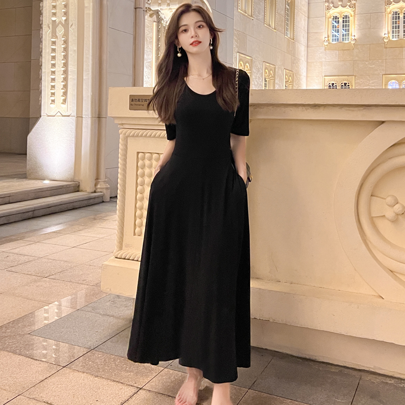 Modal Black Flared Dress Women's Clothing 2026 Spring and Summer New Vintage French Style Slimming Waist Long Dress