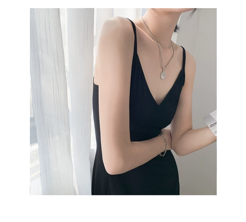 Váy phương thức mùa hè là mỏng sling váy đen của phụ nữ cổ chữ V gợi cảm váy dài xẻ tà váy cơ sở mùa thu - Váy dài