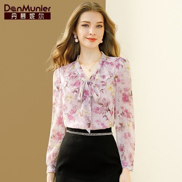 Dan Munier commuter lady long-sleeved printed shirt women 2024 spring new fungus edge temperament v-neck top