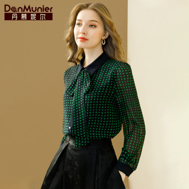 Dan Munier green French high-end floral top 2024 spring new women's temperament versatile long-sleeved shirt