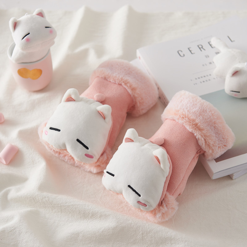 Lazy Lazy Flip Half Finger Cotton Gloves Women's Winter Thickening Warm Korean Version Fingerless Gloves Women's Winter Warm and Cute