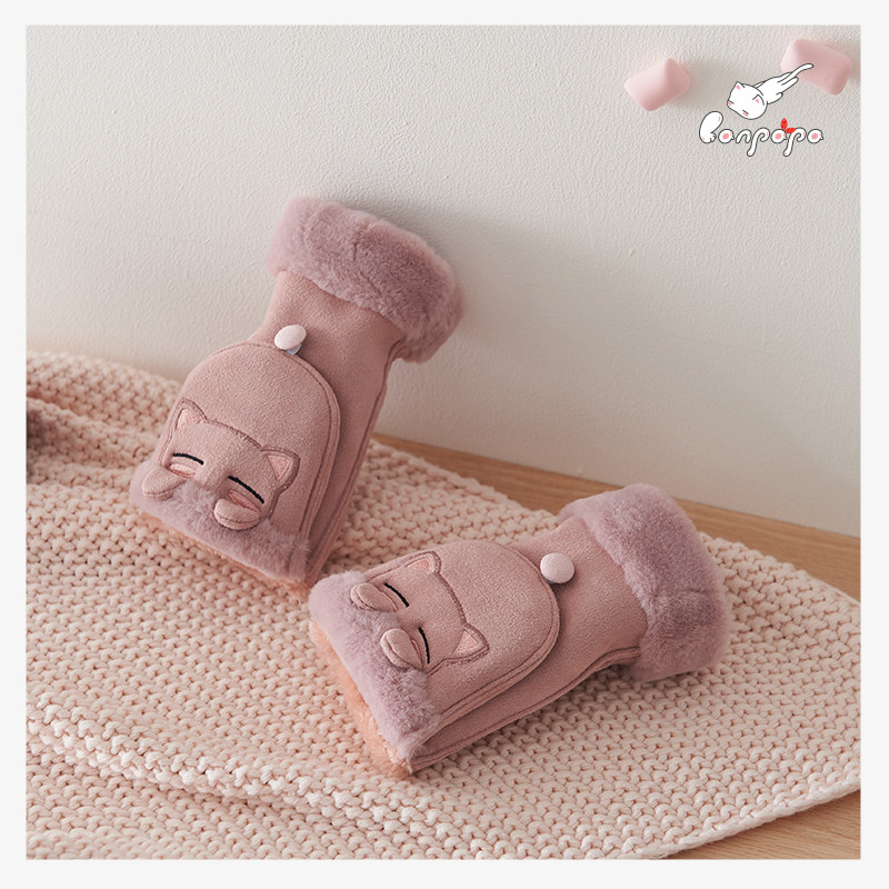 Bai Ruiou cotton thickened half-finger gloves female winter warm student Korean version half-finger gloves female winter cute