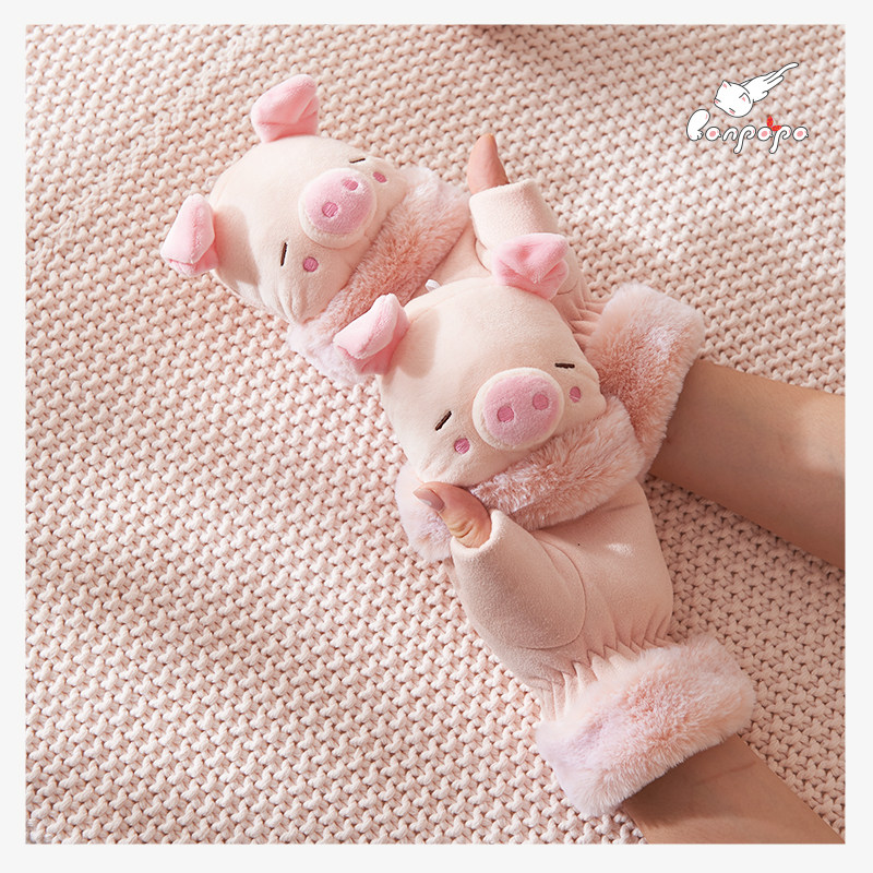 Pig cute gift leak finger gloves female winter students exposed finger gloves Female winter warm velvet cute cartoon