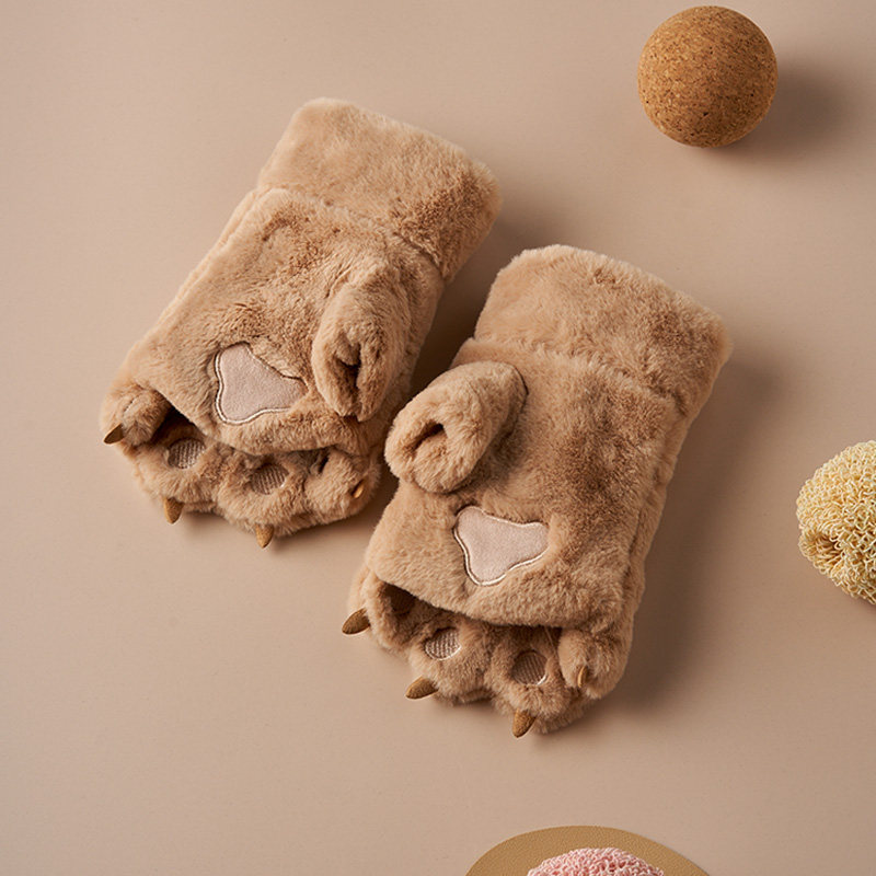 Plush Half Finger Gloves Women Winter Cute Ins Plus Suede Winter Bear Palm Dew Finger Gloves Female Winter Warm Girl Paws