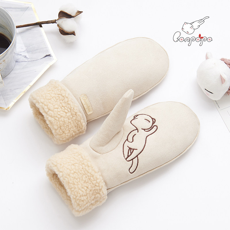 100 Ri Euro lazy groveling bike even finger gloves female winter cute Korean version student cotton gloves female winter thickened warm