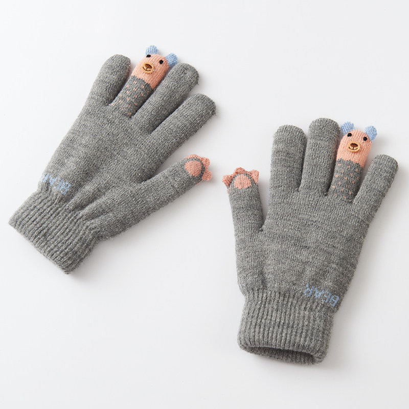 Bailiou fluff line gloves women's winter cute Korean cartoon student touch screen cotton gloves women's winter thickened warm