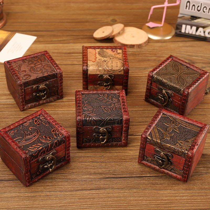 Retro style ring box mini portable wooden box square storage box with lock square box password small box jewelry box