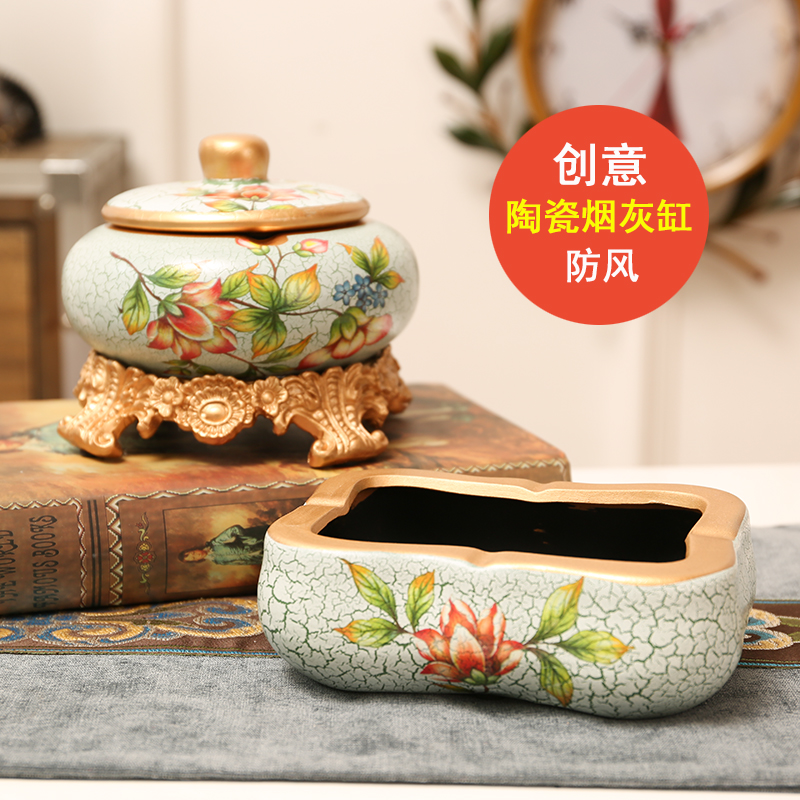 Cigarette ashtray Creative personality trend New Chinese household living room with lid anti-fly ash office atmosphere cigarette ash ornaments