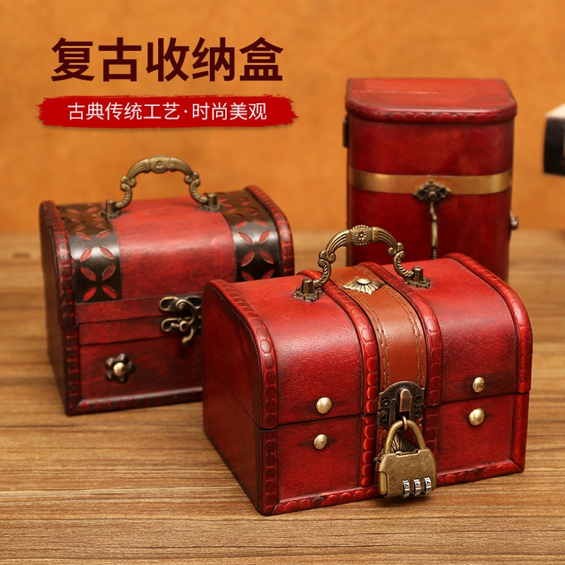 Desktop with lock containing box retro necklace bracelet wood case first decorated box Wen playing with packaging wood box password storage box