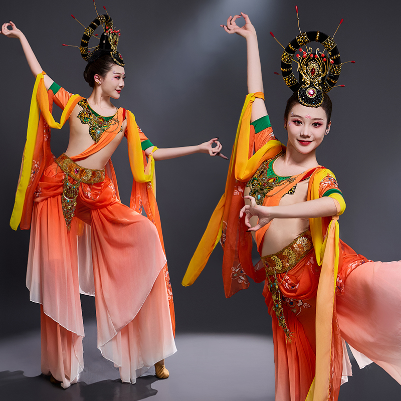 Exotic Dunhuang Flying Dancer Costume Performance Outfit for Women, Adult Ethnic Style Rebound Pipa Classical Dance Performance Hanfu