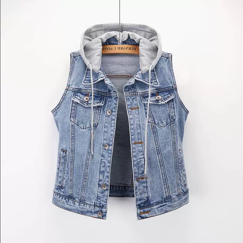 Áo khoác mùa xuân và mùa thu áo khoác nữ phiên bản mới của Hàn Quốc của áo khoác ngắn tay không tay denim áo vest vest thắt lưng - Áo vest