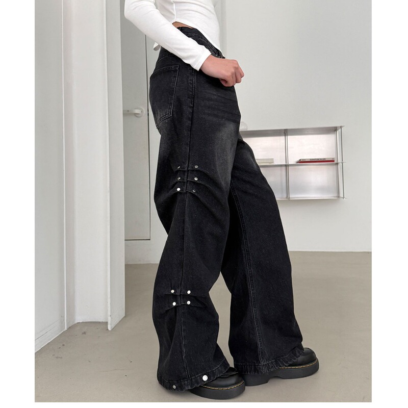 Three-Color Denim Wide-Leg Pants with Side Rivets, Pin Pleats, and Snap Buttons