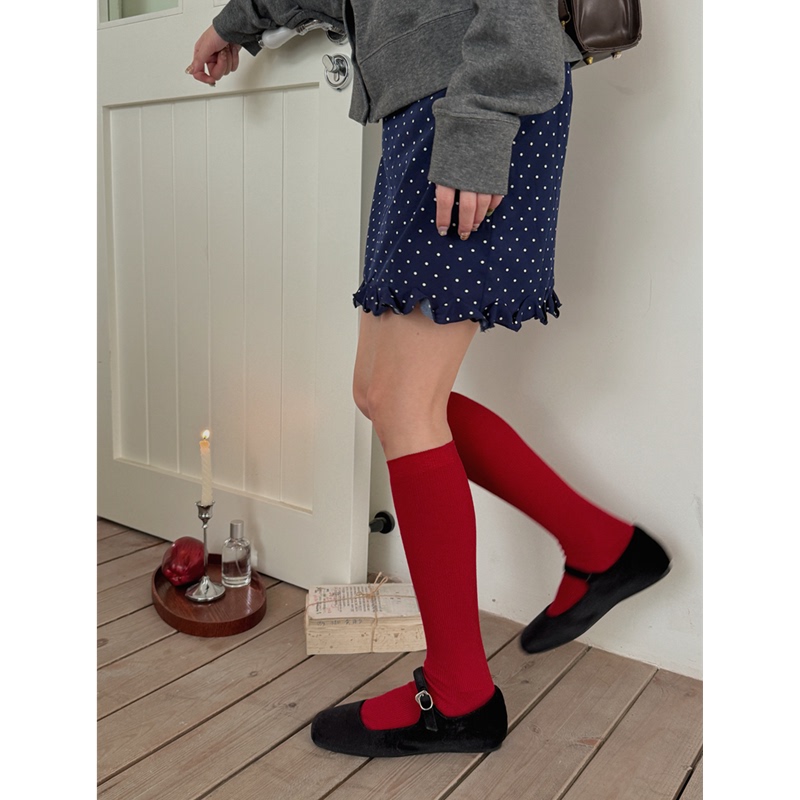 ins Korean Dongdaemun Ankeela Red Cherry Red New Year Zodiac Year Red Socks Calf Socks Knee-High Socks Versatile