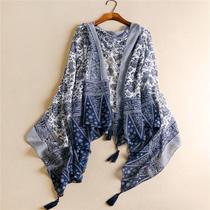 Elegant blue and white porcelain tassel scarf female spring and autumn beach towel sunscreen Spring small beautiful European and American foreign trade cut without fold