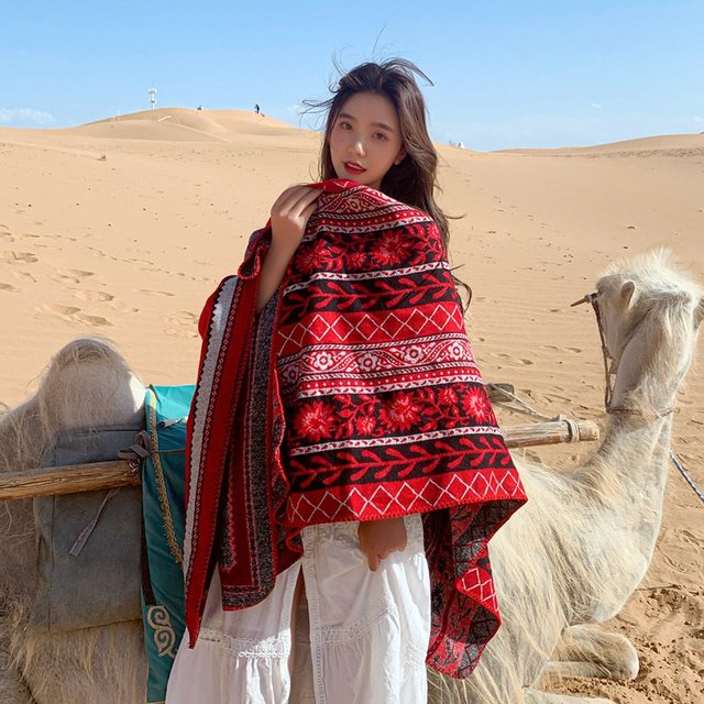 ຜ້າພັນຄໍ cashmere imitation ຫນາແລະອົບອຸ່ນ Dunhuang ດູໃບໄມ້ລົ່ນແລະລະດູຫນາວການເດີນທາງຮູບພາບ scarf ແບບຊົນເຜົ່າ cloak ດອກນອກ cape