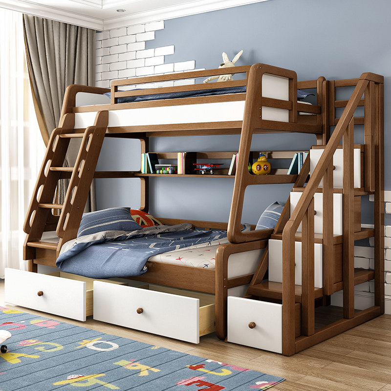 Walnut Wood Nordic Low Bed Double Layer Full Solid Wood Upper Bunk Bed Children Bed Multifunction Minima Primary and secondary bed can be two-piece