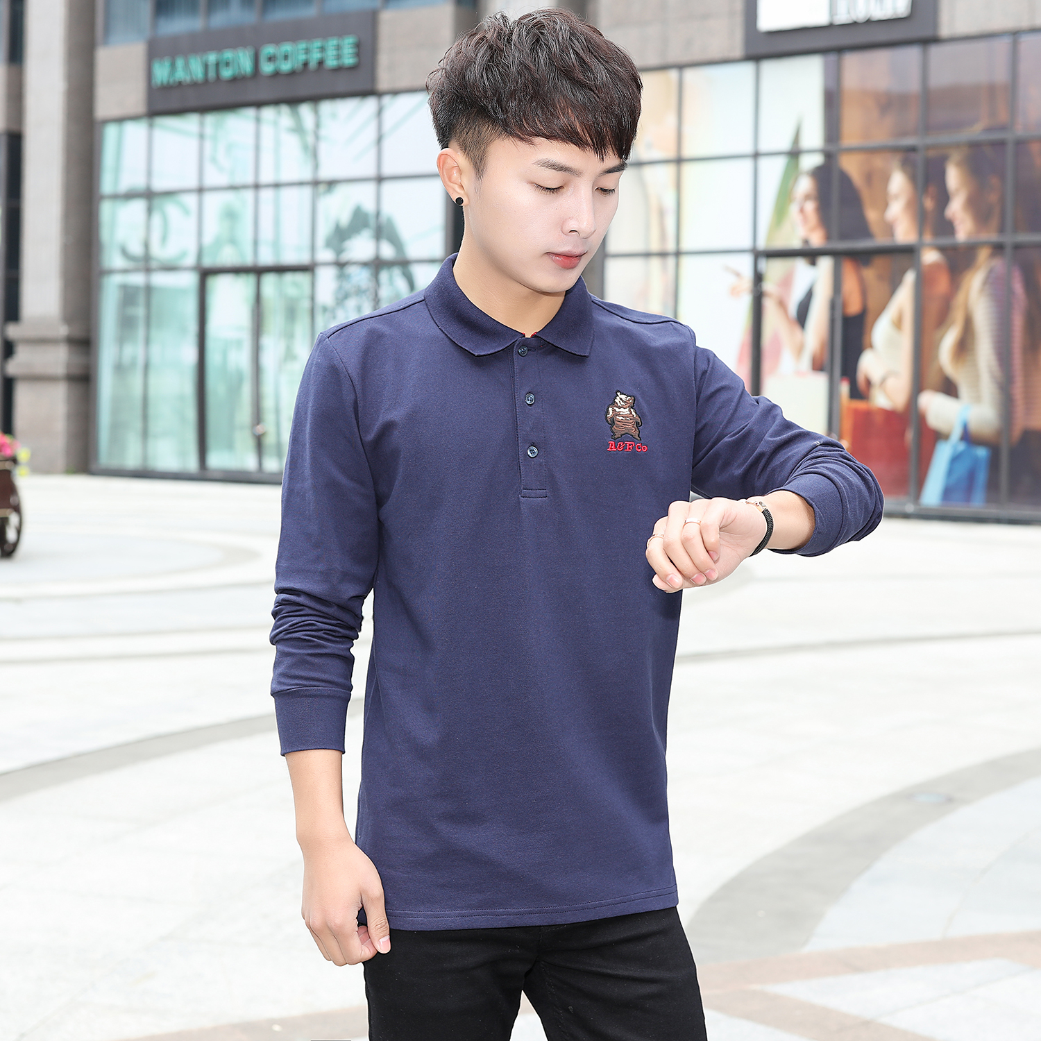 2018 mùa thu mới của nam hươu af áo thun dài tay áo thun áo thun cotton kinh doanh áo thun nam mỏng áo polo dài tay