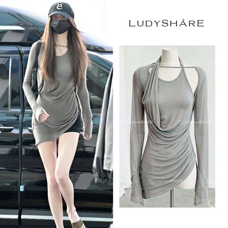Zhang Yuanying's Same Style Summer Thin Long-Sleeve T-Shirt for Women, Korean Style Spicy Girl Pure Desire Design, Irregular Slim-Fit Top Zhang Yuanying's Same Style Summer Thin Long-Sleeve T-Shirt for Women, Korean Style Spicy Girl Pure Desire Design, Irregular Slim-Fit Top