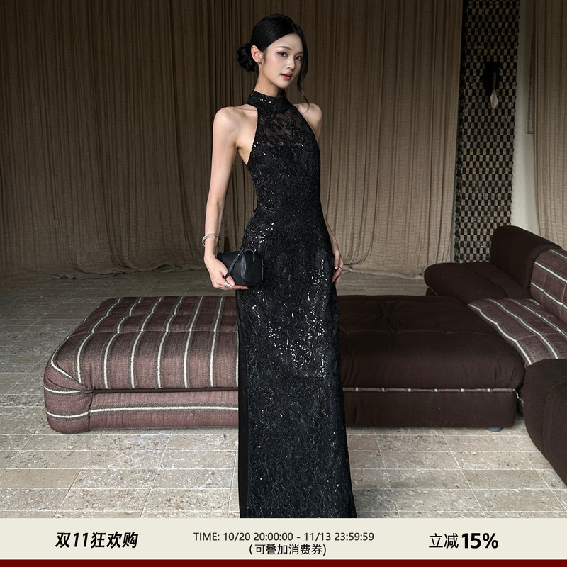 Venuie Retro Embroidered Sleeveless Halter Dress Black New Chinoiserie Cheongsam Evening Birthday Dress Long Dress