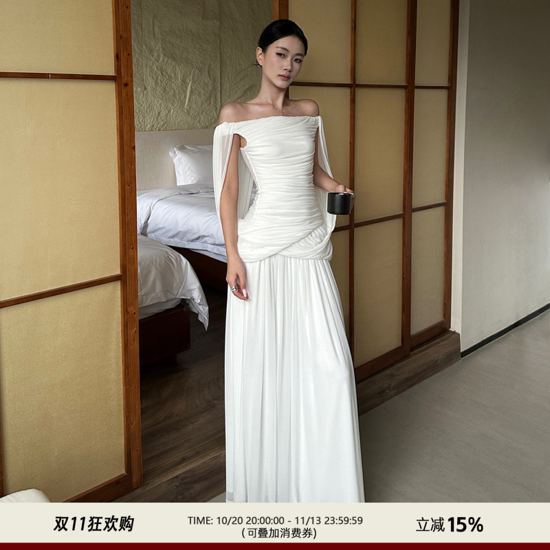 Venuie Stylish White Off-Shoulder Dress, French Vacation Dress, Birthday Light Dress, Elegant Long Dress for Marriage Registration Venuie Stylish White Off-Shoulder Dress, French Vacation Dress, Birthday Light Dress, Elegant Long Dress for Marriage Registration