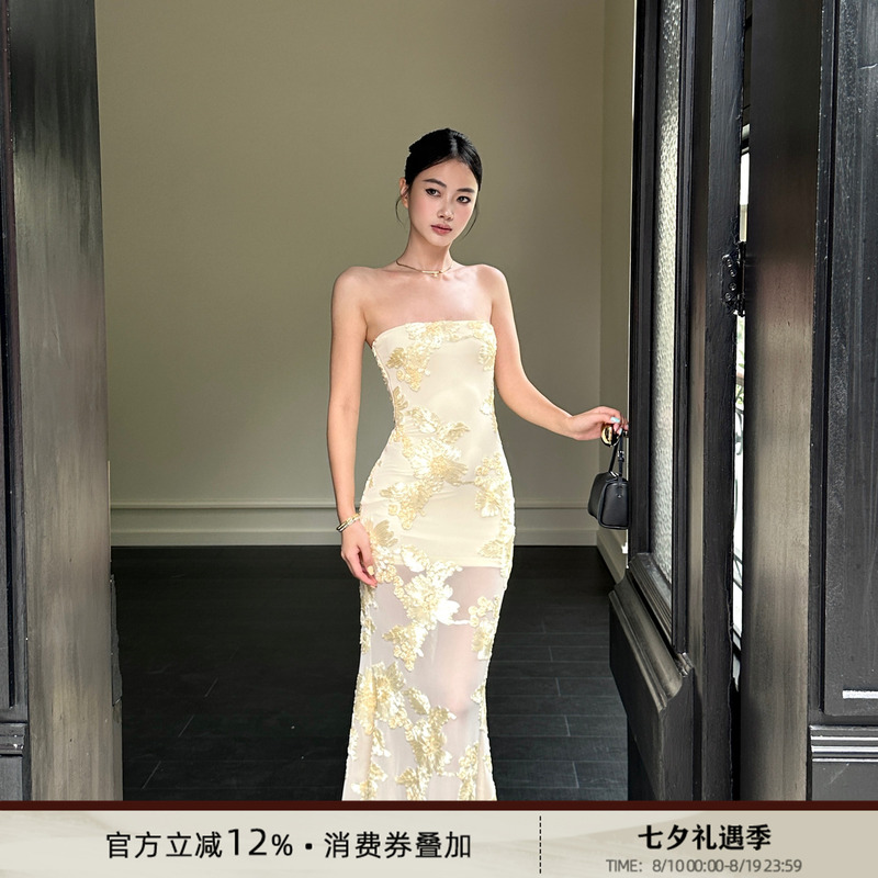 Venuie Heavy-Duty Three-Dimensional Embroidered Tube Top Dress, Yellow Waist-Cinching Bodycon Long Dress, Birthday Party Dress