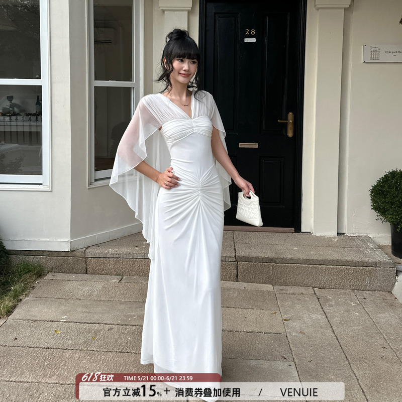 Venuie Gentle and Elegant White Bodycon Long Dress, Beach Vacation Dress, Waist-Cinching Long Knit Dress, Formal Dress