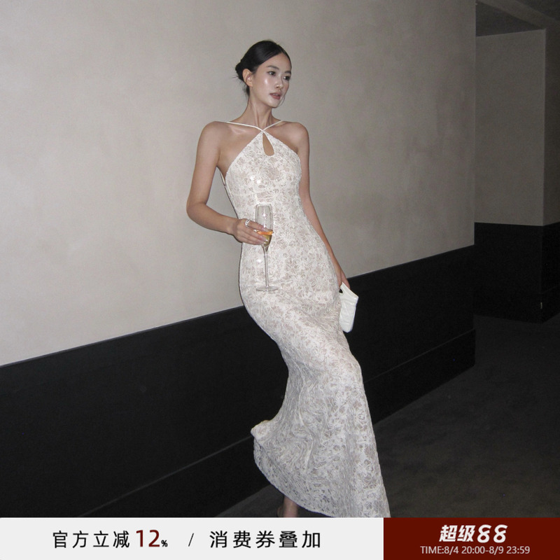 Venuie Light Luxury Heavy Lace Halter Neck Graduation Birthday Fishtail Dress Light Formal Dress Long Dress French-Style Spaghetti Strap Dress Venuie Light Luxury Heavy Lace Halter Neck Graduation Birthday Fishtail Dress Light Formal Dress Long Dress French-Style Spaghetti Strap Dress