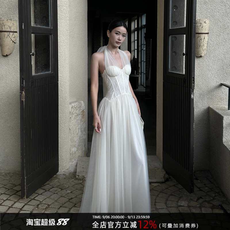 Venuie Heavy-Duty Mesh Halter Dress with Chest Pads, Coming-Of-Age Ceremony, Birthday, Engagement Dress, White Dress for Marriage Registration Venuie Heavy-Duty Mesh Halter Dress with Chest Pads, Coming-Of-Age Ceremony, Birthday, Engagement Dress, White Dress for Marriage Registration