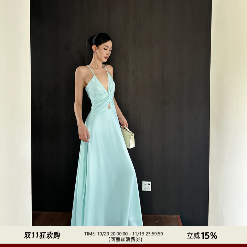 Venuie Green French Halterneck Dress Women's Dress Seaside Vacation Mint Green Backless Suspender Long Dress