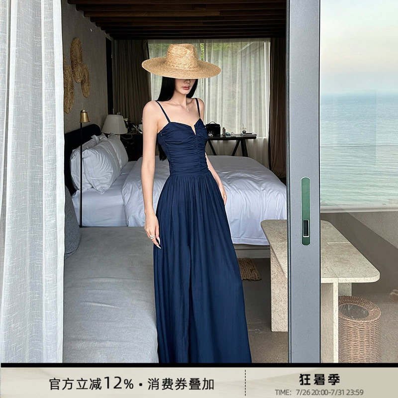 Venuie French-Style Navy Blue Beach Photo Shoot Vacation Slip Dress Long Dress for Photo Shoots and Outfits