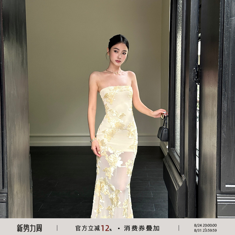Venuie Heavy-Duty Three-Dimensional Embroidered Tube Top Dress, Yellow Waist-Cinching Bodycon Long Dress, Birthday Party Dress Venuie Heavy-Duty Three-Dimensional Embroidered Tube Top Dress, Yellow Waist-Cinching Bodycon Long Dress, Birthday Party Dress