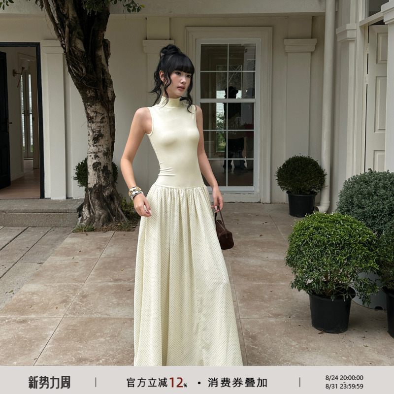 Venuie Gentle Cream Yellow Sleeveless High-Neck Waist-Cinching Slimming Elegant Dress New Style Inner Long Dress for Women